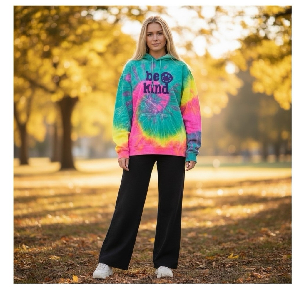 BE KIND XL Tie-Dye Hoodie Positive Vibes Sweatshirt Loungewear Urban Streetwear